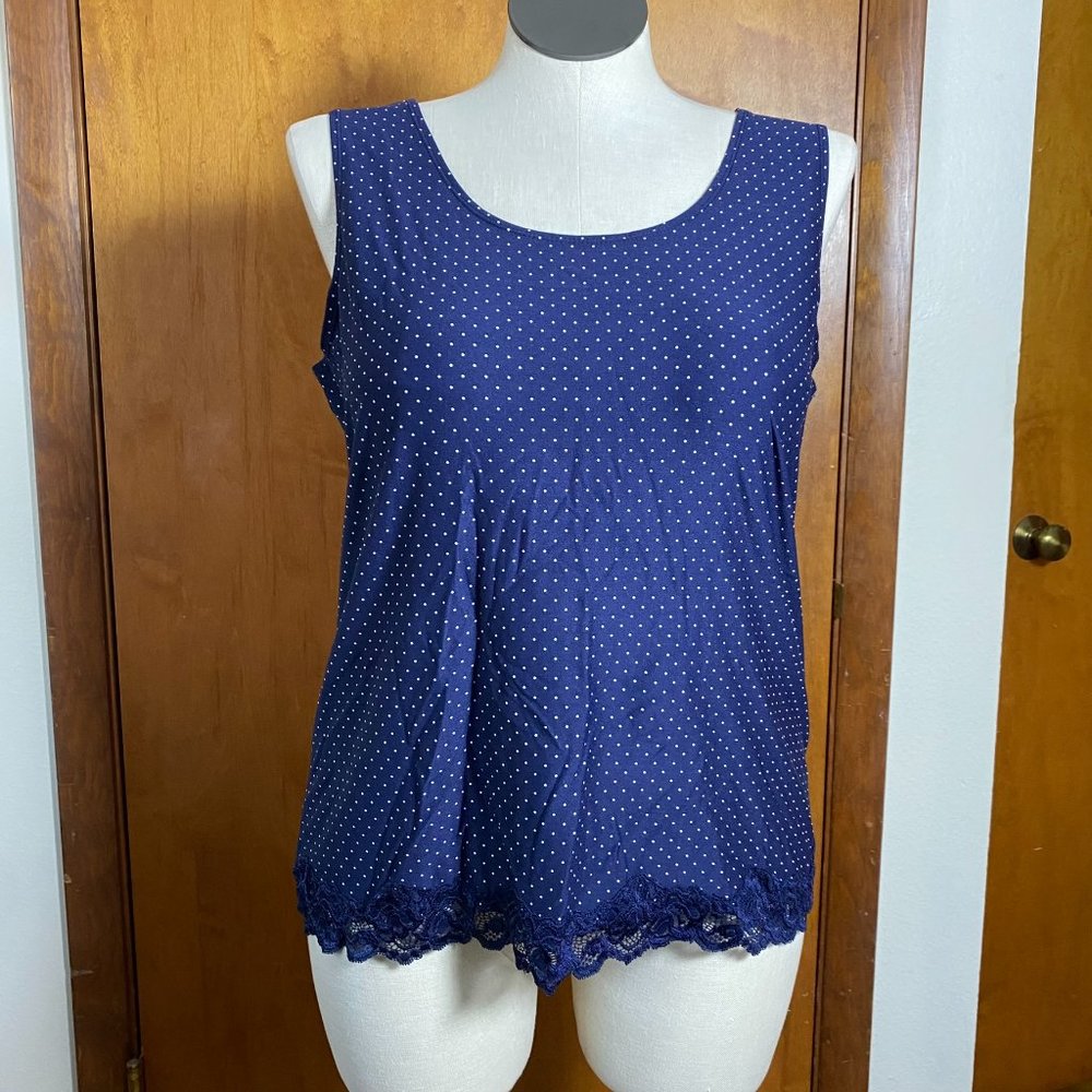 EUC Chico's sz 3 (16/18 XL) Dark Blue Polka Dot Lace Hem Microfiber Tank